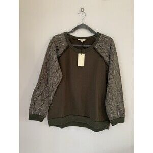 NWT Crescent Women’s Olive Green Crewneck Embroidered Raglan Sleeve Frayed- Sz L